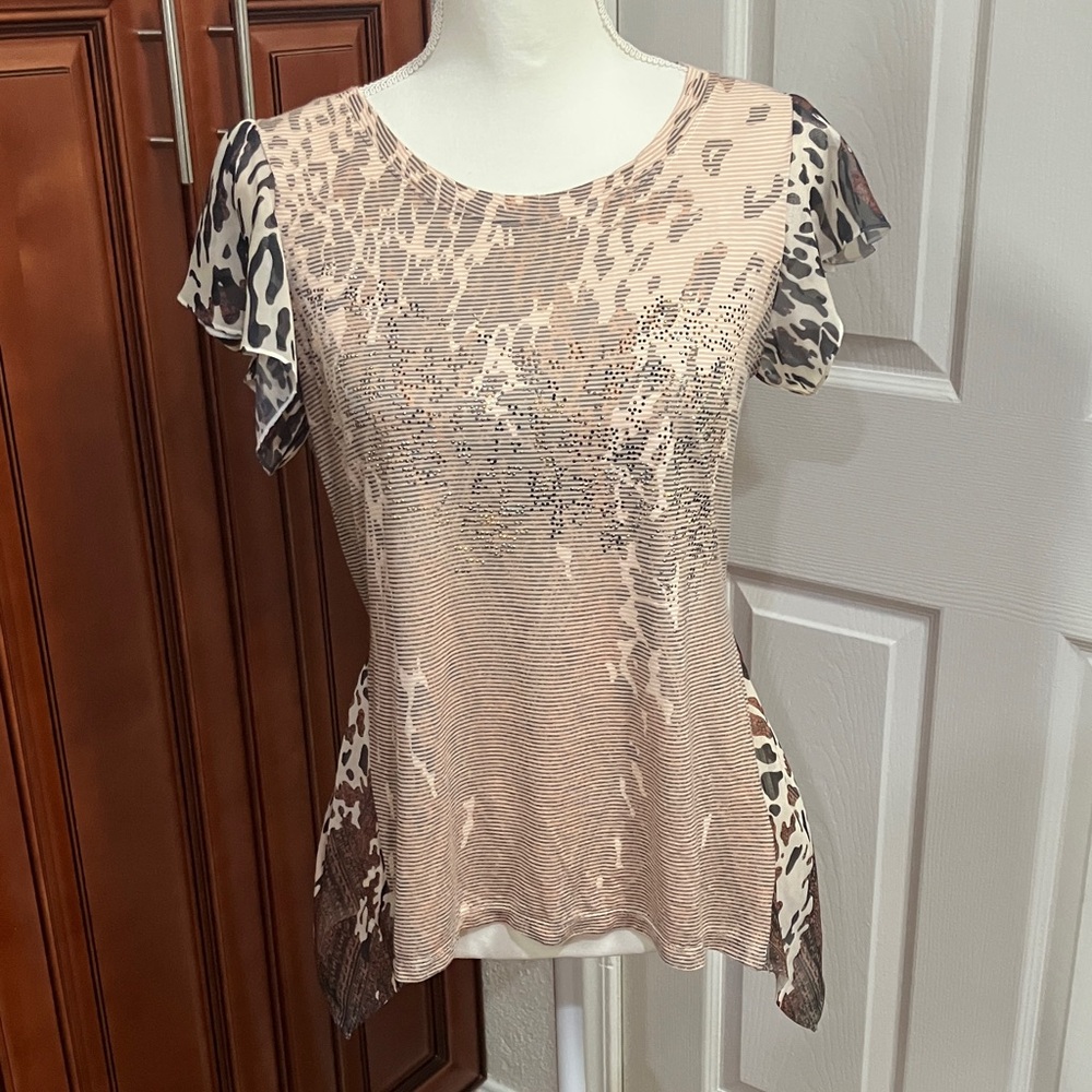 FYLO London Leopard Print chiffon sleeves Blouse - Brown/Cream Size:S/P